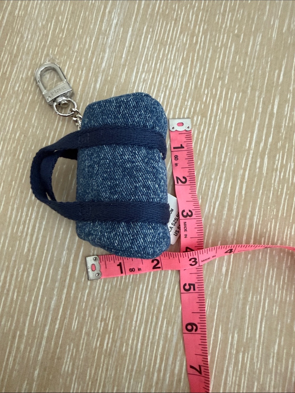 PINK Victoria's Secret Denim Mini Pouch Silver Metal Keychain Clip with Chain - Picture 7 of 8